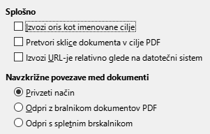 Slika pogovornega okna Možnosti za PDF, Izvozi v PDF – Povezave