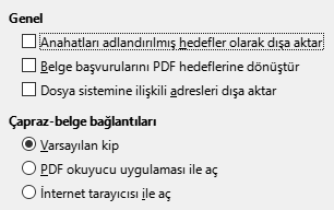 PDF Dışa Aktarma Bağlantı Seçenekleri Penceresi Görüntüsü