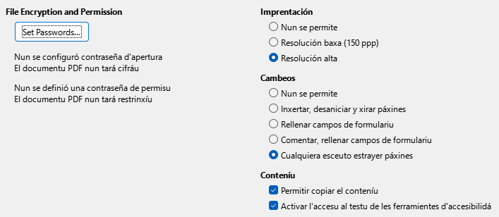 PDF Export Security Options Dialog Image