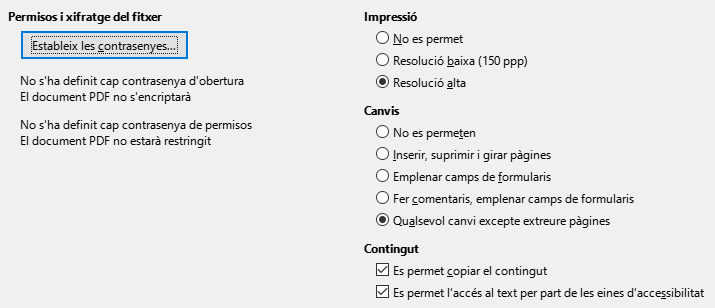 Imatge de diàleg de les opcions de les opcions de seguretat de l'exportació PDF
