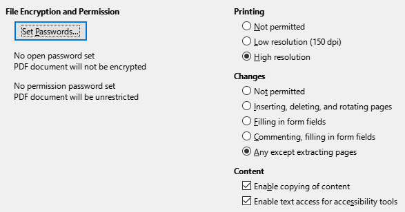 PDF Export Security Options Dialogue Box Image