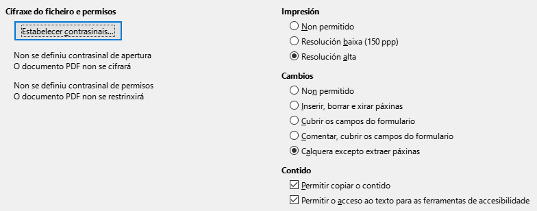 Imaxe da caixa de diálogo de opcións de seguranza da exportación a PDF