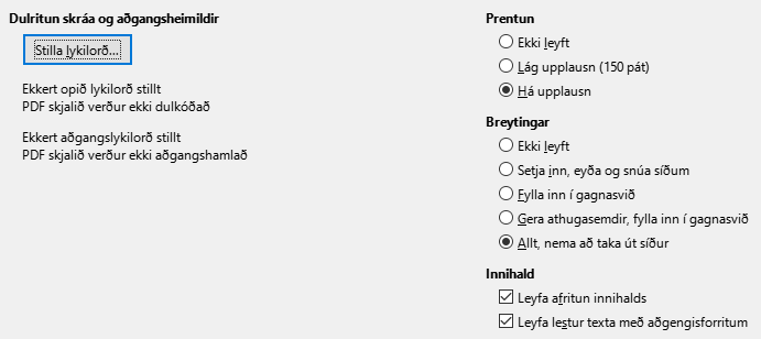 PDF Export Security Options Dialog Image