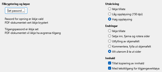 Dialogvindauget for innstillingar for trygging ved PDF-eksport