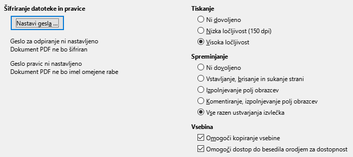 Slika pogovornega okna Možnosti za PDF, Izvozi v PDF – Varnost