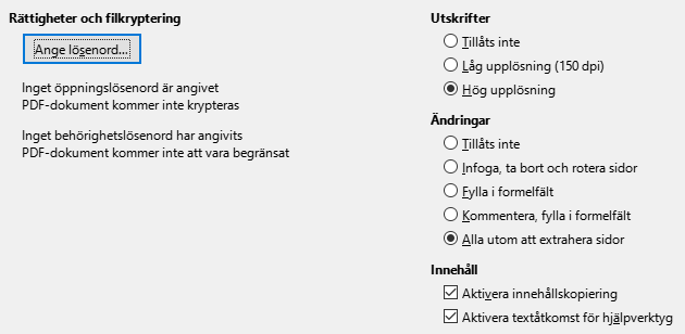 PDF Export Security Options Dialog Image