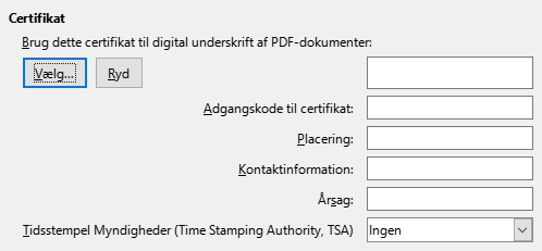 Dialogen indstillinger for PDF-eksport Digital signatur