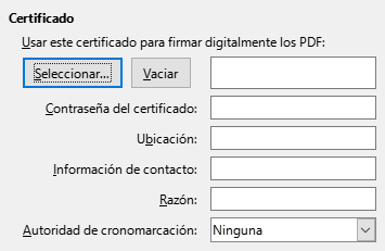 Imagen del cuadro de diálogo Exportar a PDF, pestaña Firmas digitales