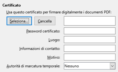 Immagine della finestra di dialogo delle opzioni di firma digitale di esportazione PDF