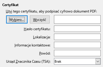 Obraz okna dialogowego opcji podpisu cyfrowego eksportu PDF