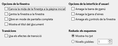 Imatge de diàleg d'opcions de la interfície d'usuari de l'exportació PDF