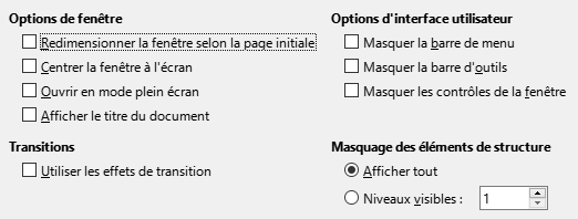 Image de la boîte de dialogue des option de l'interface utilisateur de l'export PDF