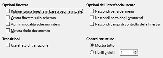 Immagine della finestra di dialogo delle opzioni di interfaccia utente di esportazione PDF