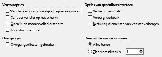 Afbeelding van dialoogvenster PDF-opties - Gebruikersinterface