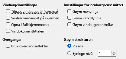 Dialogvindauget for innstillingar for PDF-eksport – grensesnitt