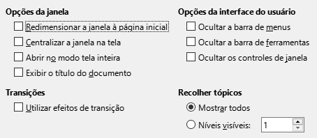 Imagem da caixa de diálogo de opções de interface do usuário da exportação PDF