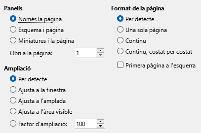 Imatge de diàleg d'opcions de visualització de l'exportació PDF