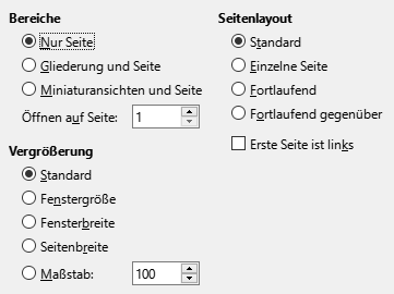 Bild des Export-Dialogs PDF-Optionen – Anfangsdarstellung