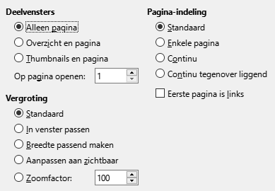 Afbeelding van dialoogvenster PDF-opties - Beginweergave