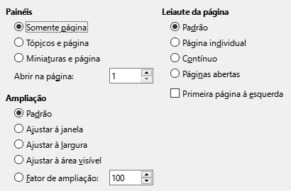 Imagem da caixa de diálogo de opções de visualização da exportação PDF