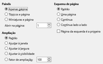 Imagem da caixa de diálogo das opções de visualização da exportação PDF