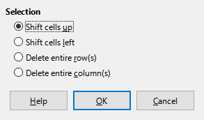 Delete cells dialog