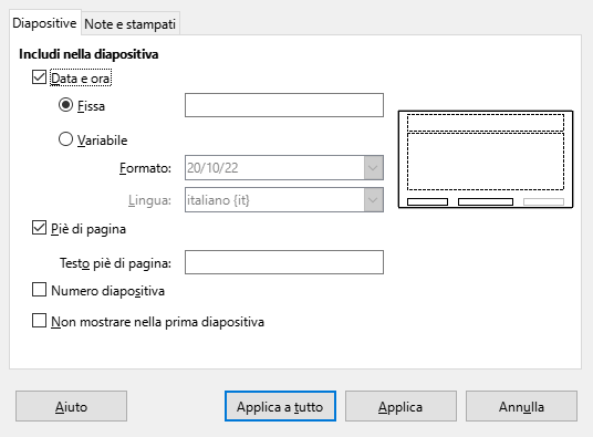 Finestra di dialogo Riga d'intestazione/Piè di pagina