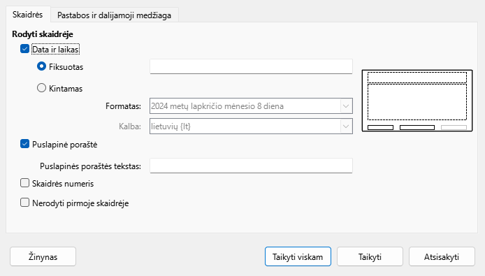 Skaidrės puslapinės antraštės ir poraštės parinkčių lango nuotrauka