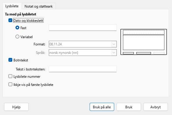 Dialogvindauget for topp- og botntekst