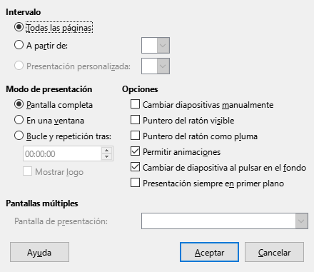 Cuadro de diálogo Presentación