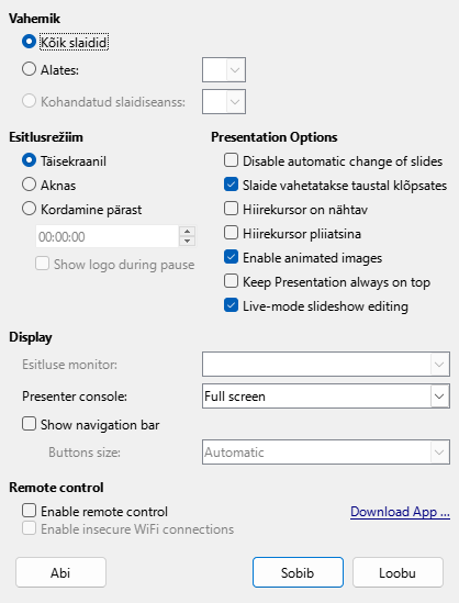 Ekraanipilt slaidiseansi sätete dialoogist