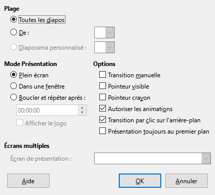 Boîte de dialogue Présentation