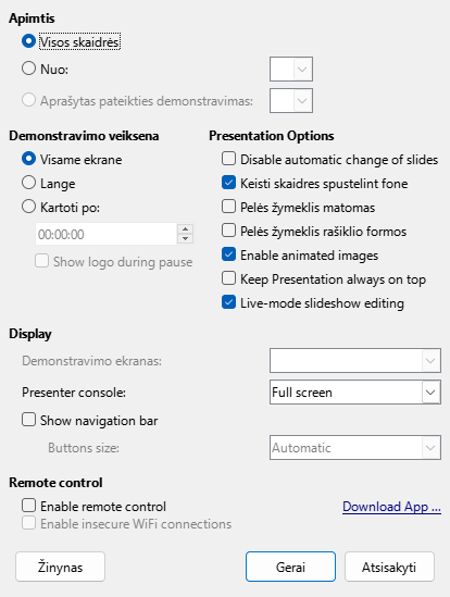 Pateikties demonstravimo parinkčių lango nuotrauka