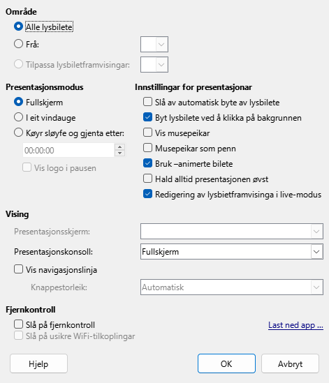 Dialogvindauget for presentasjon