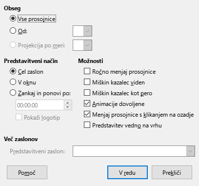 Slika pogovornega okna Predstavitev