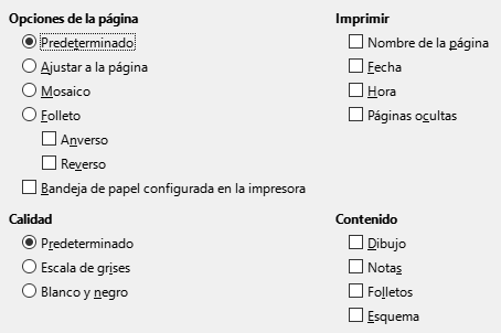 Cuadro de diálogo de opciones de impresión de Impress