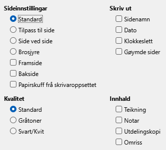 Dialogvindauget for Impress – innstillingar for utskriving