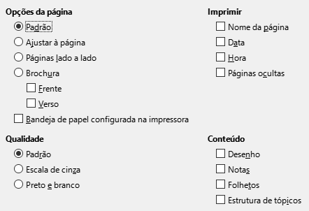 Caixa de diálogo de opções de impressão do Impress