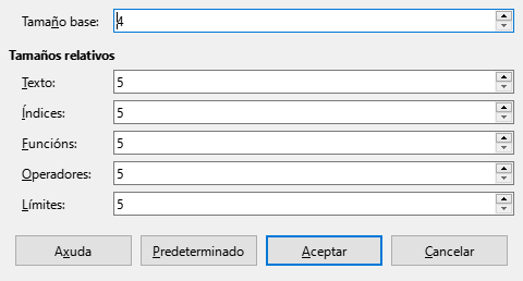 Caixa de diálogo Tamaño do tipo de letra