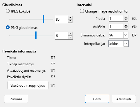 Paveikslo glaudinimo dialogo lango nuotrauka
