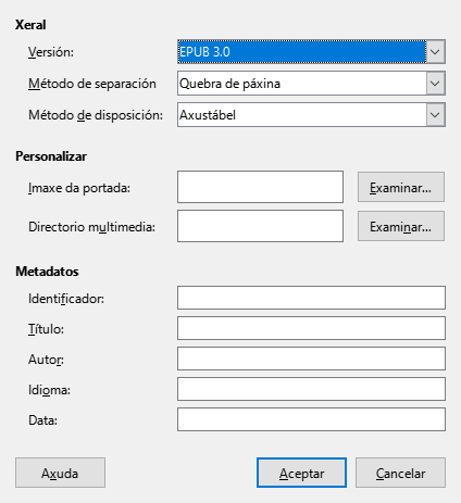 Caixa de diálogo de EPUB