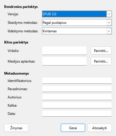 EPUB eksporto parinkčių lango nuotrauka
