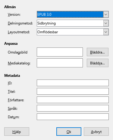 EPUB dialog box